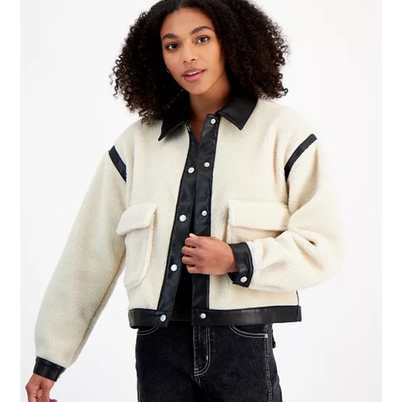 Madden Girl Juniors'  Faux-Leather-Trim Sherpa Jacket - Birch/blac - Size M - Picture 1 of 10